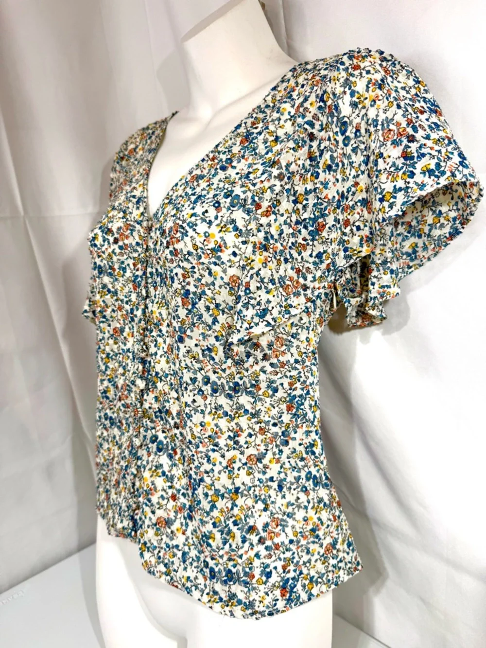 Madewell Floral Button Front Blouse Flutter Sleeve Cinched Back Top 6 - Picture 4 of 11